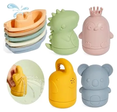 Produktbild von Badespielzeug für Babys, 9-teiliges Set mit Silikon-Wasserspielzeug und Booten