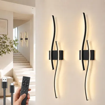 Image de Applique Murale Sans Fil 100cm Lot de 2 - Sur Batterie Rechargeable USB-C Variable 3000K-6000K avec Télécommande Noir Salon