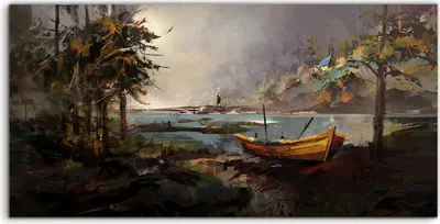 Produktbild von Coloray Acrylbild 120x60  Wandbild Acrylbilder Waldlandschaft mit einem Boot