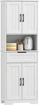 Image de HOMCOM Buffet haut cuisine, armoire de cuisine, vaisselier avec 4 portes, tiroir, compartiment ouvert et étagères réglables, meuble de rangement pour salon, salle à manger, 60 x 30 x 172 cm, blanc