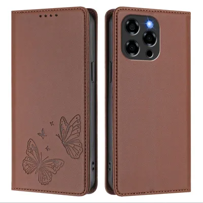 Produktbild von Lederhülle für Doogee Note 58 /Note 58 Pro, Schmetterling Prägung Leder Brieftasche Schutzhülle mit Ständer Braun