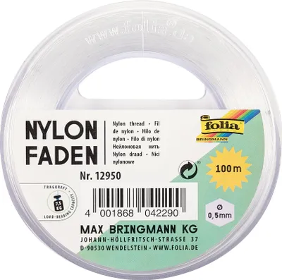 Produktbild von folia 12950 - Nylonfaden auf Spule, ca. 0,5 mm x 100 m, Transparent, Tragkraft 7,5 kg, kaum sichtbarer Faden für Mobiles, Schmuck, zur Dekoration usw.