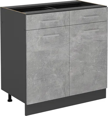 A kitchen base cabinet with two doors and two drawers, featuring a concrete-look finish on the doors and drawers, and an anthracite-colored frame and base.