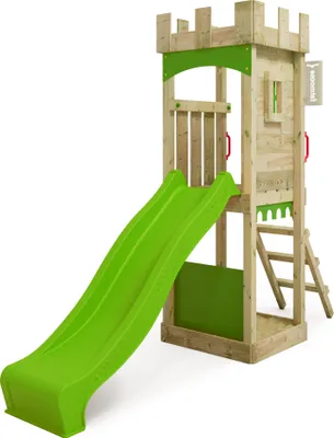 Image de FATMOOSE Tour de jeux TreasureTower avec toboggan, tour à grimper avec bac à sable, échelle & accessoires de jeu - vert pomme