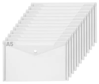 Productafbeelding van 12 transparante documentenmappen met drukknopsluiting, formaat A5, geschikt voor dossiers, documenten en facturen.