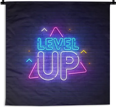 Produktbild von MuchoWow® Wandteppich Wandbehang Spiele - Neon - Level Up - Zitate - Spiele 90x90 cm Tapisserie Dekoration Wandtuch - Wandaufhänger