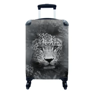 Produktbild von MuchoWow® Koffer Handgepäck Trolley Rollkoffer Kleine Reisekoffer mit 4 Rollen - Panther zwischen Blumen im Dschungel - schwarz und weiß - Cabin Size < 55x40x23 cm & 55x40x20 cm - Fotokoffer - Kabinenkoffer - Boardgepäck - Reise-Box - Reisekoffer - Reisegepäck - Koffer mit Bild - Trolley für Kinder