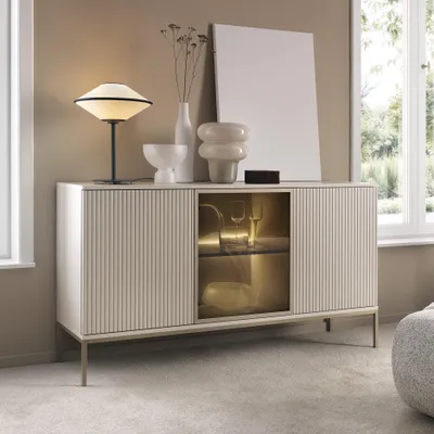 Obrázek produktu pro Moderní komoda LAGOS K3D s texturou, matný povrch, LED osvětlení, barva šampaň, skříň, komoda, podstavec