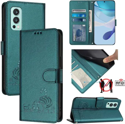 Produktbild von Leder Hülle für OnePlus Nord 2 Süße Katze Flip Case Brieftasche Schutzhülle mit Standfunktion Grün