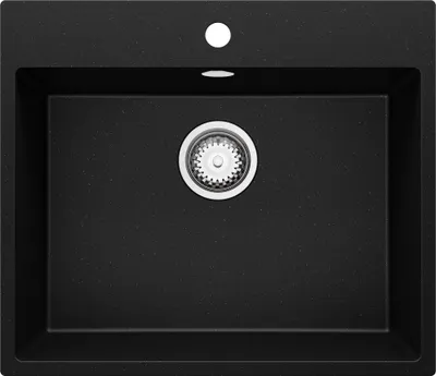 A black granite kitchen sink with a silver drain.