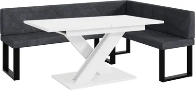 Produktbild von MEBLINI Eckbank für Esszimmer mit ausziehbarem Tisch  - Küchenbank - Essecke - Sitzecke Küche - ERIC - U-Beine 142x196x87cm Rechts - Dunkelgrau Samt/B Weiß Matt