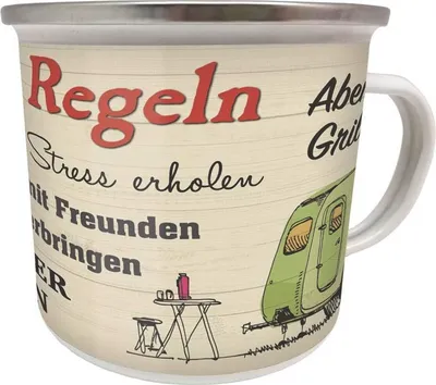 Produktbild von Kaffeebecher Emaille Becher, Camping Regeln, Campen Zelten, Blechbecher, Blechtasse Tasse