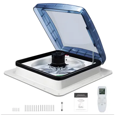 Obrázok produktu pre Ventilátor do strešného okna karavanu/obytného prívesu - 12V - 10 stupňov - senzor dažďa s automatickým zatváraním - LCD diaľkové ovládanie - monitorovanie teploty - 45,2 x 45,2 cm