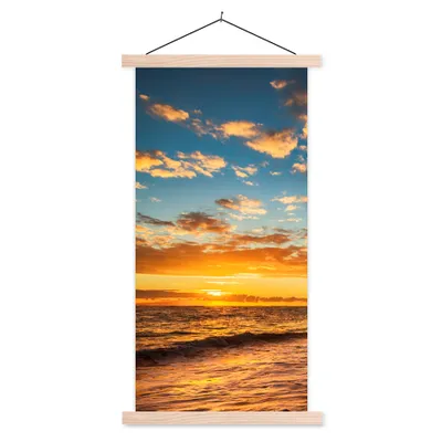 Produktbild von MuchoWow® Textilposter Strand - Sonnenuntergang - Meer - Palme 40x80 cm mit holzfarbenen Rahmen - Wohnzimmer
