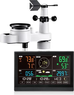 Immagine prodotto di stazione meteorologica 5-in-1 con display da 7,5 pollici, sensore solare esterno, pluviometro - Per previsioni del tempo, visualizzazione della temperatura, umidità, velocità e direzione del vento - Non è necessaria la WLAN