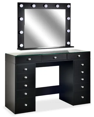 Image de MENZZO Coiffeuse moderne 13 tiroirs avec miroir lumineux et plateau en verre L120cm Probeauty Noir