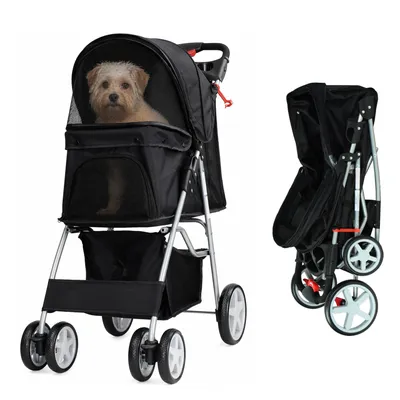 Produktbild von HiPet Faltbarer Hundebuggy Schwarz – Haustier Kinderwagen für kleine Hunde & Katzen, leicht, mit Netzfenster, Feststellbremse & Ablagekorb