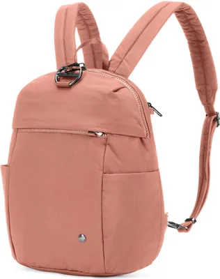 A pink backpack shown from the front-right side against a white background.