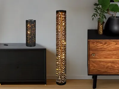 Produktbild von SET aus Tischlampe & Stehlampe, Lichtsäule mit Sterneneffekt Stoff Schwarz Gold