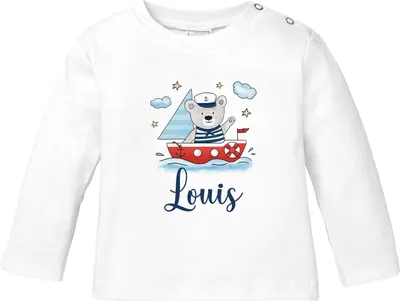 Produktbild von Baby Langarmshirt mit Name Bär Boot Segelboot Aufdruck Motiv personalisierte Geschenke Junge Mädchen Baumwolle SpecialMe® weiß 68/74 (4-9 Monate)