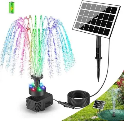 Image de Fontaine solaire Ibenzoa® pour jardin, étang et bain d'oiseaux – Pompe de 3,5 W, 8 jets d'eau, 6 LED, batterie de 2000 mAh, panneau solaire en verre réglable à 100%, câble de 16,4 mètres, modèle 2025