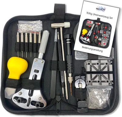 A black zippered case containing a watch repair tool kit.