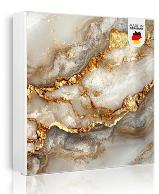 Produktbild von banjado Schlüsselkasten aus Metall, 30x30cm groß mit 32 Haken, als Magnettafel nutzbar, Korpus schwarz, Anschlag rechts, Weißer Marmor mit Gold 2 [SKGW2 13607]