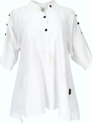 Produktbild von Bequeme Baumwoll-Tunikabluse mit Kokosknöpfen, Maxibluse, Longbluse - Weiß, Damen, Baumwolle, Größe: S/M