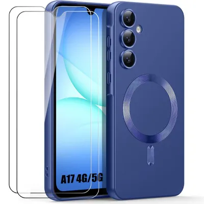 Image de Coque + 2 Verres Trempés pour Samsung Galaxy A17 4G/5G, Protection Silicone Slim avec Anneau Magnétique Bleu Marine