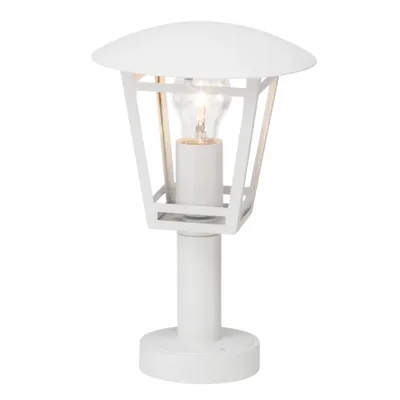 A white outdoor pedestal lamp with a glass bulb inside a white metal frame.