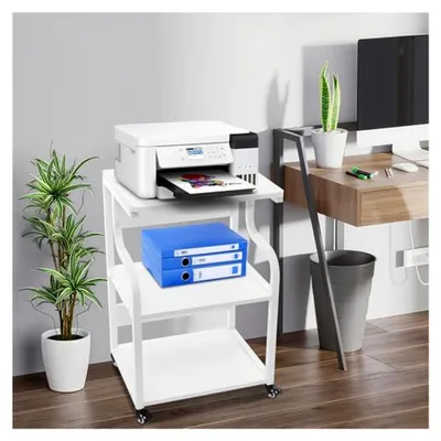 Produktbild von Mobiler Druckertisch mit 3 Ebenen und Rädern, Stauraum für Büro (Weiß)