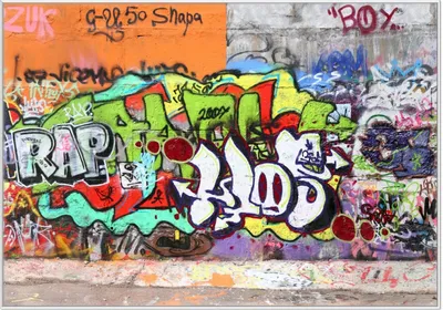 Produktbild von Wallario Wandbild RAP-Graffiti- Wand mit verschiedenen Tags, Größe: 70,30 x 100,30 cm, Poster mit weißem Kunststoffrahmen
