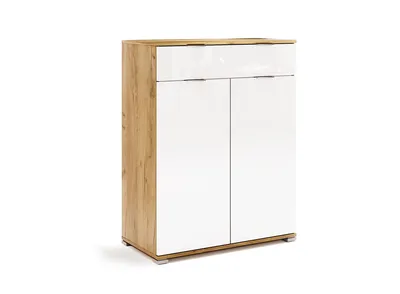 Produktbild von Hohe Kommode in der Farbe Craft Oak mit weiß lackierten Fronten, zwei Türen mit Soft-Close-Funktion, eine Schublade auf Teleskopschienen, 80x103x40 cm