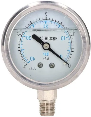 Obrázok produktu pre Manometer s dvojitým stupnicovým systémom, 1/4-palcovým NPT závitom na meranie tlaku kvapalín (0 až 4 bar)