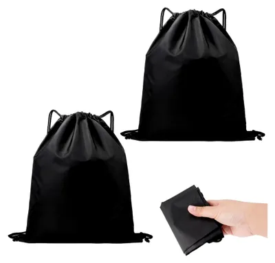 Produktbild von 2er-Set Kordelzug-Rucksack, Faltbare Sporttasche mit Kordelzug | Schwarzer Turnbeutel, Wasserdichter Rucksack für Schwimmen, Camping und Sport