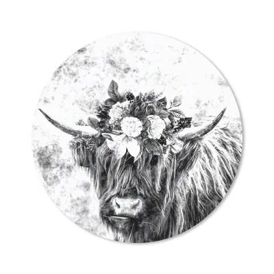 Produktbild von MuchoWow® Mauspad Mousepad Schottischer Highlander - Blumen - Schwarz - Weiß 20x20 cm - Mousepads - Maus Mat - Pad - Mausunterlage - Schreibtischmatte