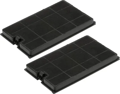 Two black carbon filters for a cooker hood, shown from a diagonal angle against a white background.
