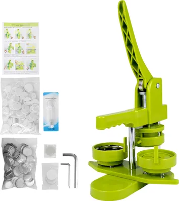 A button making machine and its accessories are displayed against a white background.