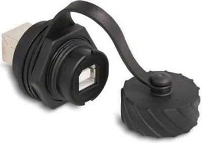 Produktbild von Delock Kabelverbinder USB 2.0 Typ-B Buchse zu Buchse zum Einbau mit Bajonett-Verschlusskappe IP68 staub- und wasserdicht schwarz