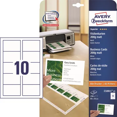 Produktbild von Avery Zweckform C32011-25 Superior Visitenkarten, 85 x 54 mm, einseitig beschichtet - matt, 25 Blatt
