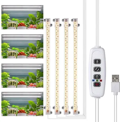 A product image showcasing multiple plant grow lights and a controller, with smaller inset images of plants under grow lights.