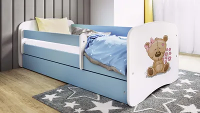Produktbild von Kinderbett Jugendbett Teddybärblumen 70x140, 80x160, 80x180 cm - Komplettset mit Schublade & Rausfallschutz