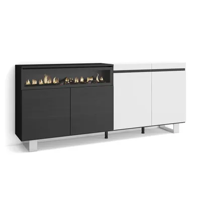 Produktbild von Sideboard, Highboard, 200x35x87cm, 4 Türen, Elektrokamin. Industriedesign, Weiß und Schwarz