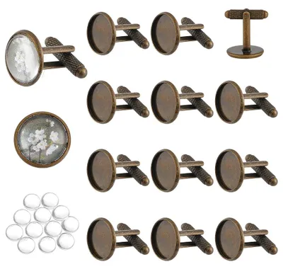 Manschettenknopf-Rohlinge 12er-Set, Messing, Glas, 14 mm