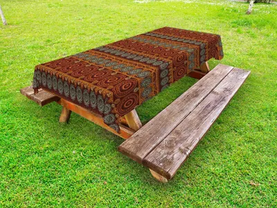 Produktbild von ABAKUHAUS Erdfarben Tischdecke Outdoor, Handgezeichnete Stil asiatische Blumenkunst Primitive kulturelle Design-Mandala inspiriert, Mehrfarbig, 145x210cm