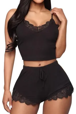 Imagen del producto de Conjunto de pijama de encaje para mujer, lencería y, camisola y pantalones cortos, conjunto corto, diseño en V