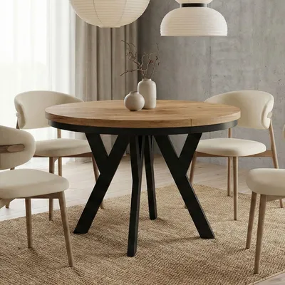 Image de Table ronde à rallonges pour la salle à manger, PERO avec un piètement à anneaux, style loft, scandinave, diamètre : 100/200 cm, couleur : Craft Golden/Noir