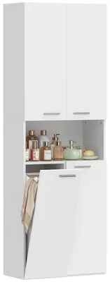 Immagine prodotto di HOMCOM Mobile da Bagno a 2 Ante con Cesto Portabiancheria a Ribalta e Ripiano Aperto, 60x30x174 cm, in Legno, Bianco
