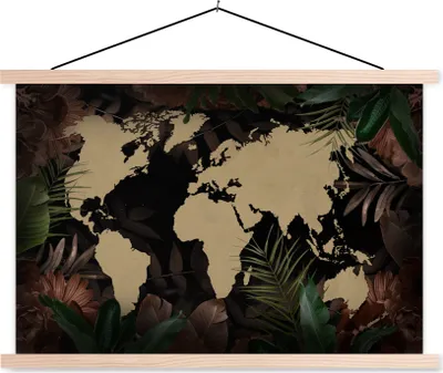 Produktbild von MuchoWow® Textilposter Weltkarte - Schwarz - Tropische Pflanzen 60x40 cm mit holzfarbenen Rahmen - Bilder