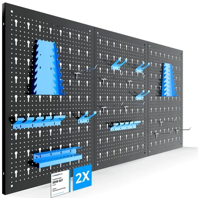 Produktbild von AREBOS 6-tlg. Werkzeugwand 235,2×59,5 cm | Metall Lochwand mit 34-teiligem Hakenset & Halterungen | Modular, robust & belastbar Blau